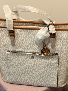 NWT Michael Kors Ivory/Beige MK Logo Tote with Tan Trim